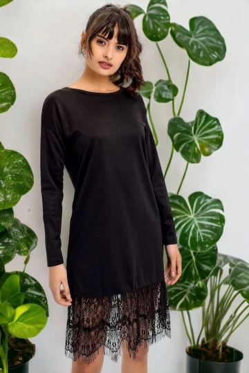 Kadın Siyah Yuvarlak Yaka Dantel Detaylı Uzun Kollu Yumuşak Dokulu Midi Boy Diz üstü Elbise