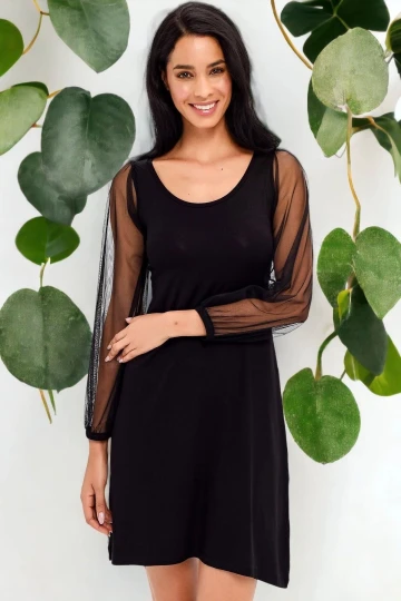 Kadın Siyah Yuvarlak Yaka Uzun Kol tül detaylı Midi Boy Diz üstü Regular Kesim Elbise