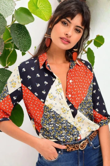 Kadın Turuncu Patchwork Desenli Klasik Yaka Uzun Kol Standart Boy Gömlek