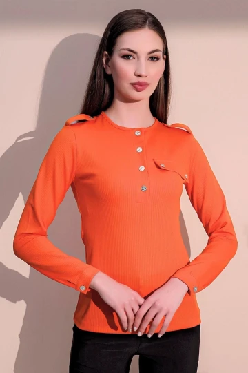 Kadın Turuncu Uzun Kol Kaliteli Apoletli Yarım Patlı Kaşkorse Cepli Düz Kesim Bluz