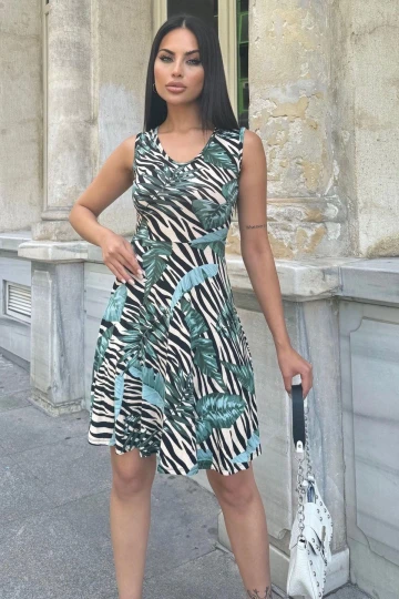 Kadın Yeşil Desenli, Kolsuz, V Yaka, Kolsuz, Midi Kloş Elbise
