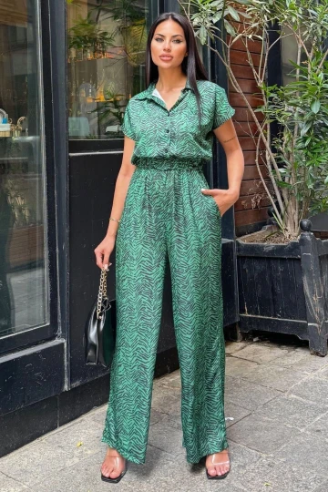 Kadın Yeşil Desenli, Yarım Kol Ve Yarım Patlı Gömlek Yaka, Beli Lastikli, Salaş Uzun Saten Tulum