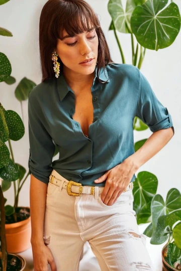 Kadın Yeşil Klasik Yaka, Truvakar Kol, Basic, Regular Kesim, Standart Boy Gömlek