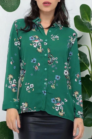Kadın Yeşil Klasik Yaka, Uzun Kol, Çiçek Desenli, Regular Kesim, Standart Boy Gömlek