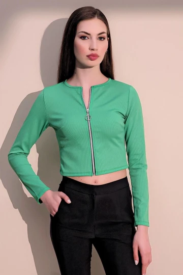 Kadın Yeşil Uzun Kol Yuvarlak Yaka Kaliteli Likralı Kumaş Fermuarlı Kaşkorse Crop Bluz